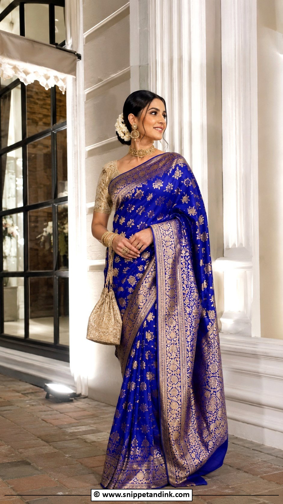 Bengali Wedding Blue Banarasi Saree Look - Snippet and Ink - 30 Bengali Wedding Look Ideas