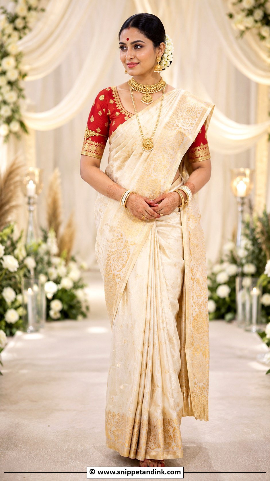 Bengali Wedding Ivory Saree Look - Snippet and Ink - 30 Bengali Wedding Look Ideas