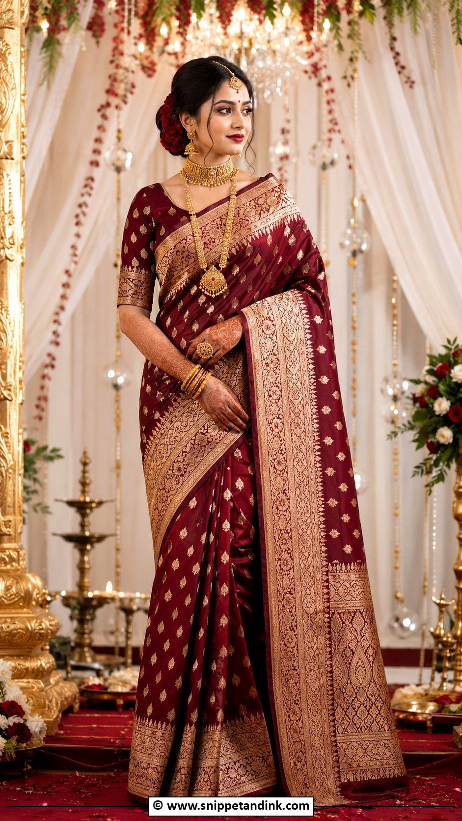 Bengali Wedding Maroon Banarasi Saree Look - Snippet and Ink - 30 Bengali Wedding Look Ideas