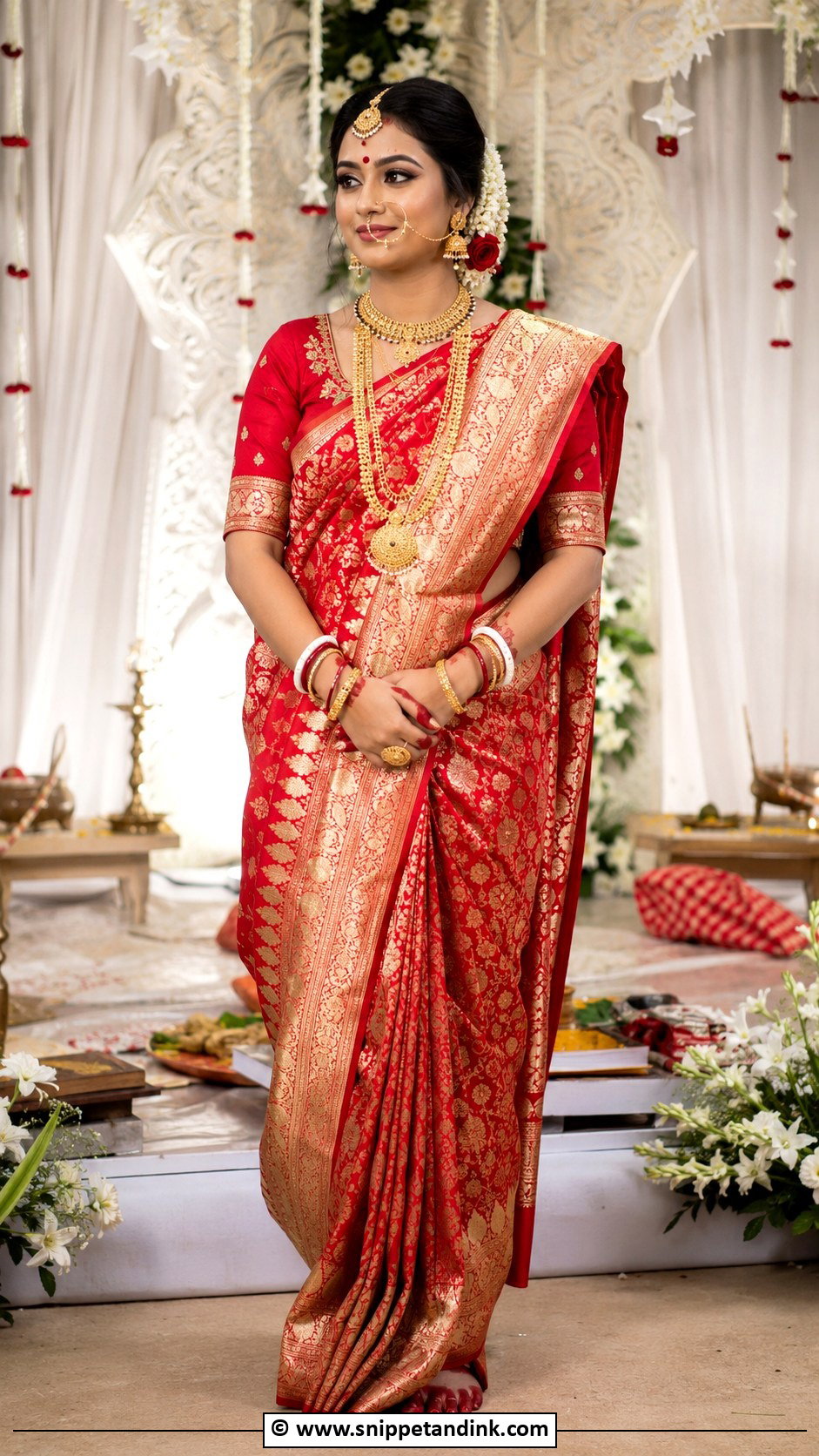 Bengali Wedding Red Banarasi Saree Look - Snippet and Ink - 30 Bengali Wedding Look Ideas