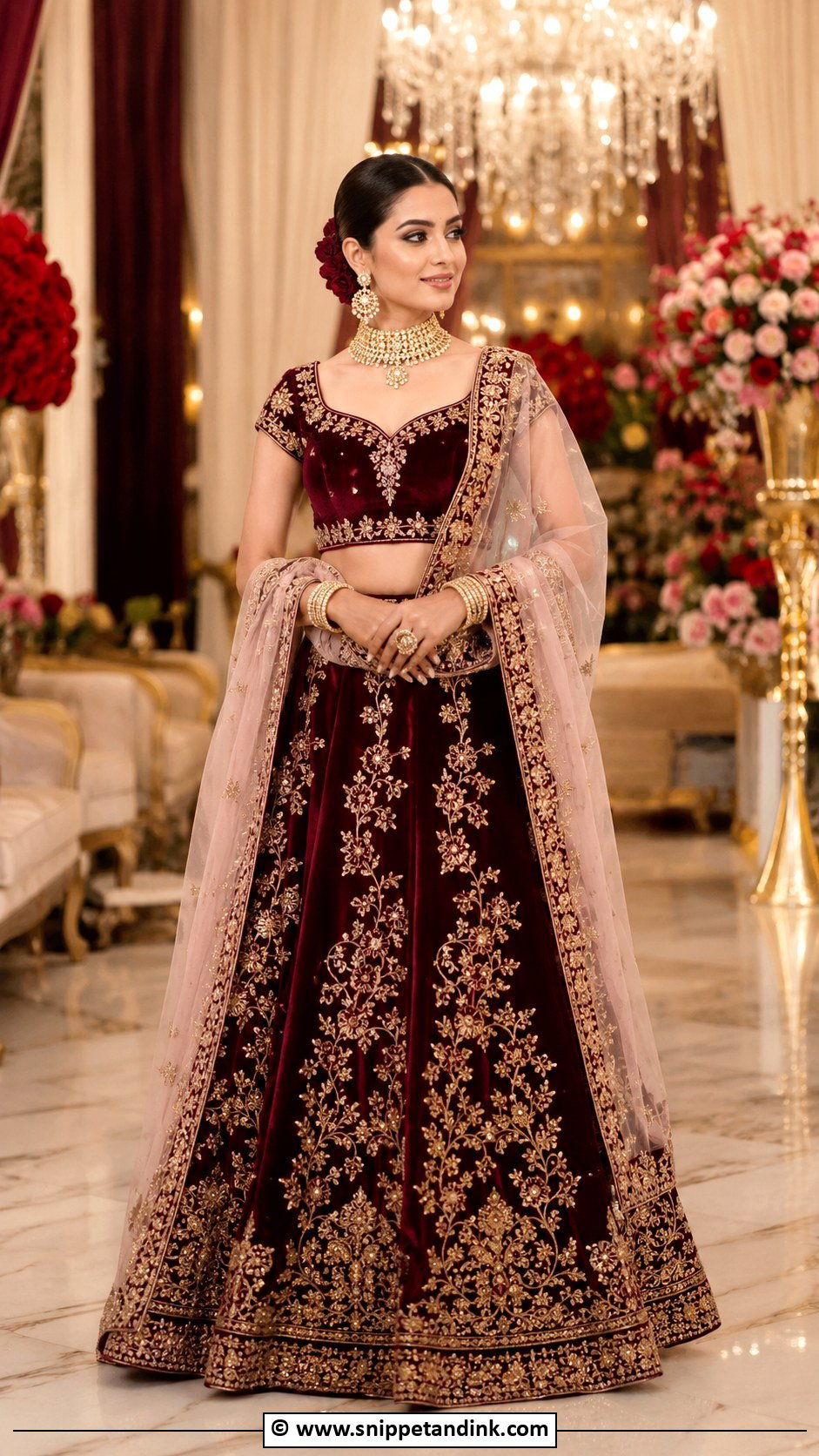 Bengali Wedding Velvet Lehenga Look - Snippet and Ink - 30 Bengali Wedding Look Ideas