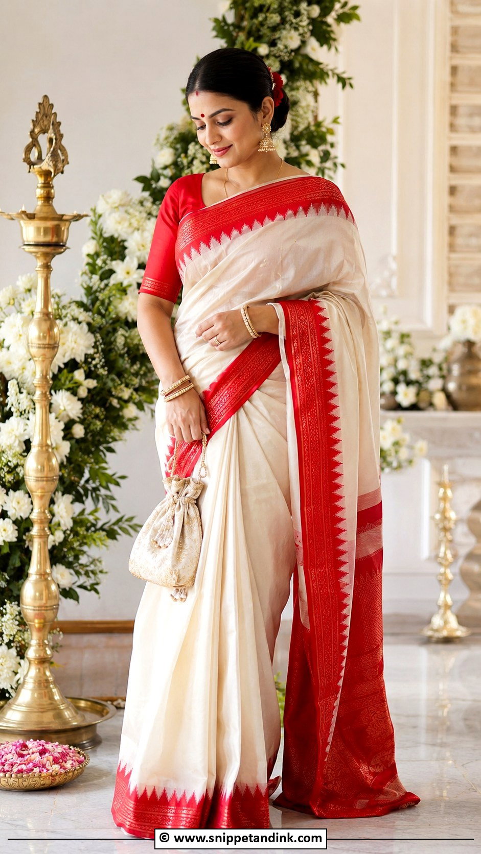 Bengali Wedding White And Red Saree Look - Snippet and Ink - 30 Bengali Wedding Look Ideas