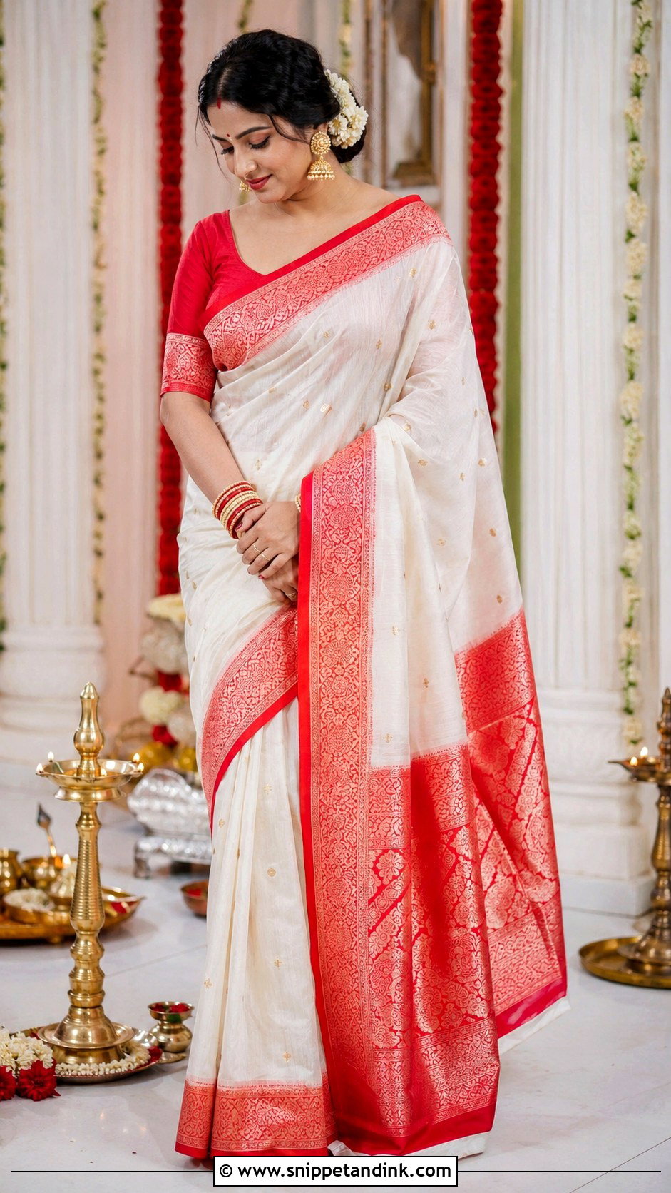 Bengali White And Red Saree - Snippet and Ink - 25 Bengali Wedding Dress Ideas