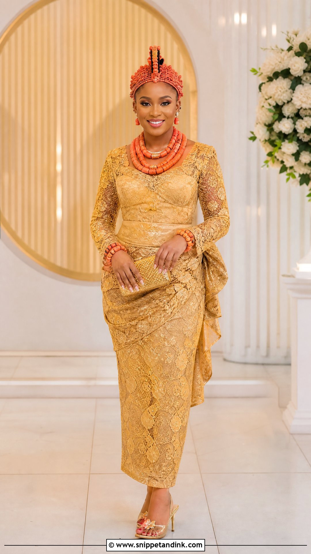 Benin Bride Gold Lace Outfit - Snippet and Ink - 25 Benin Traditional Wedding Attire Ideas