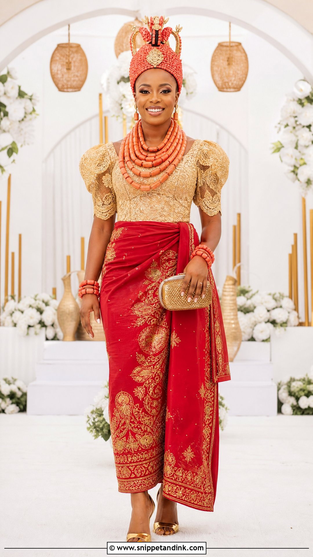 Benin Bride Red And Gold Outfit - Snippet and Ink - 25 Benin Traditional Wedding Attire Ideas