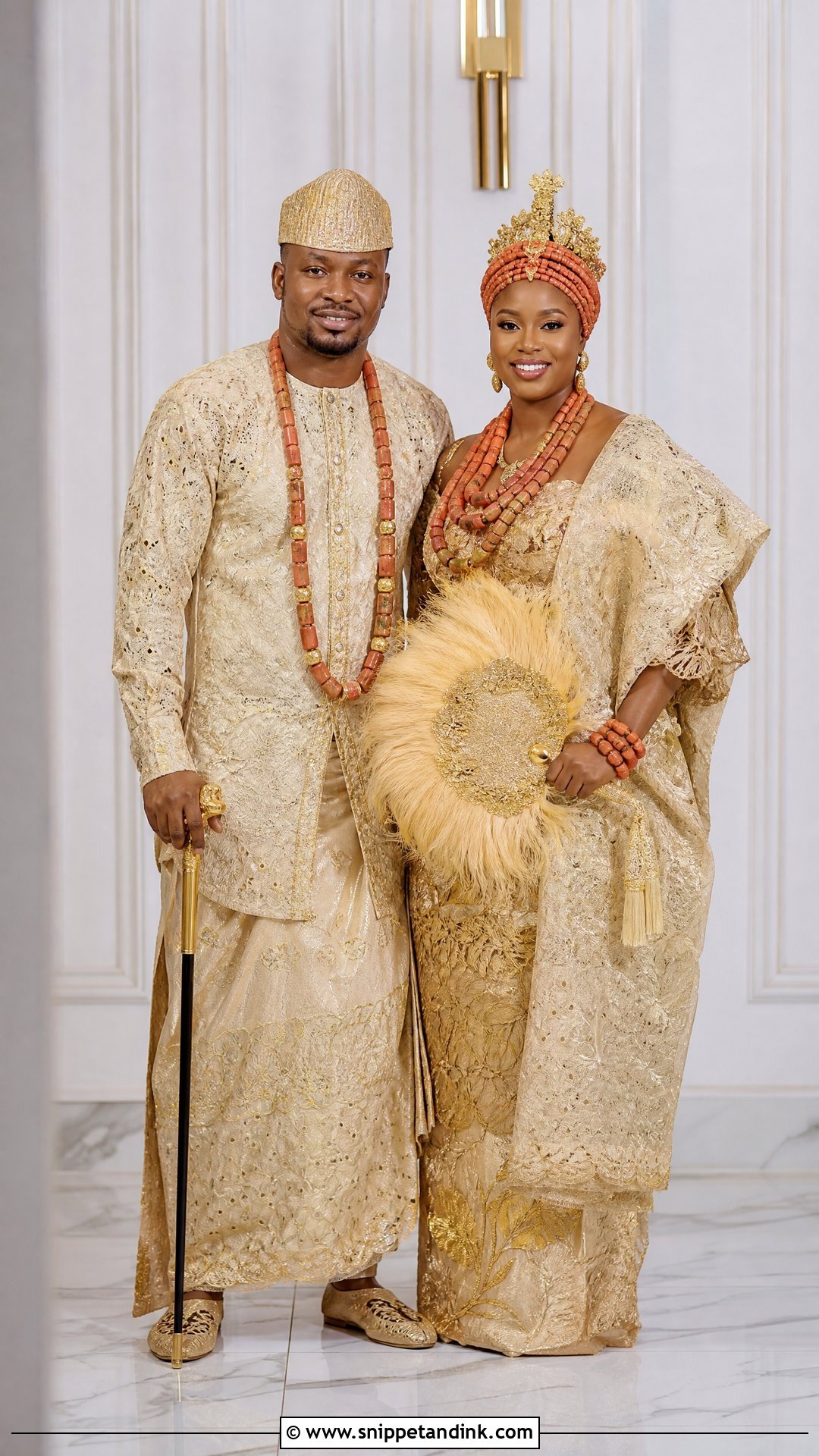 Benin Couple Gold Outfit - Snippet and Ink - 25 Benin Traditional Wedding Attire Ideas