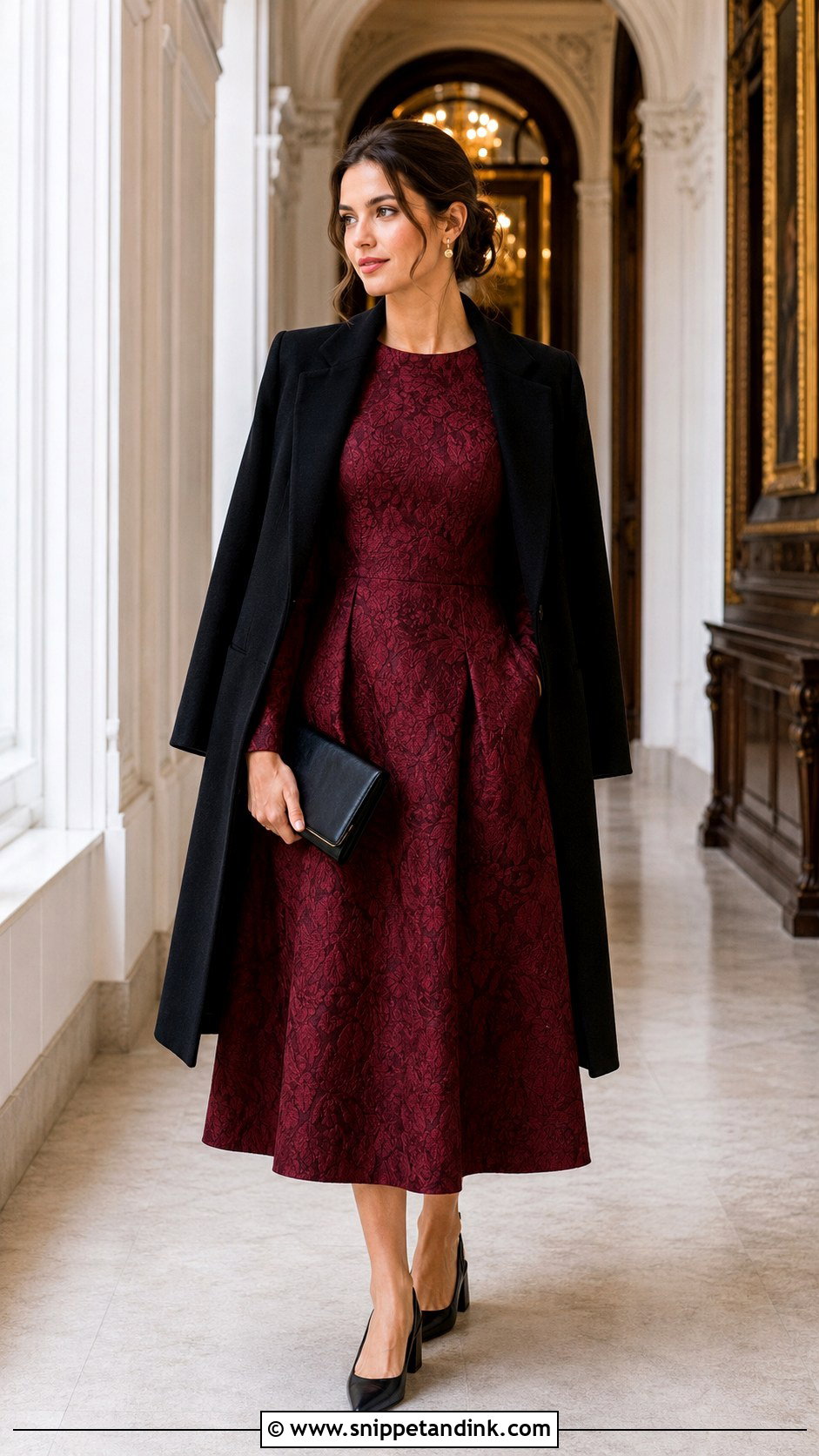 Berry Jacquard Midi Dress With Black Pumps - Snippet and Ink - 20 Casual Winter Wedding Dress Ideas