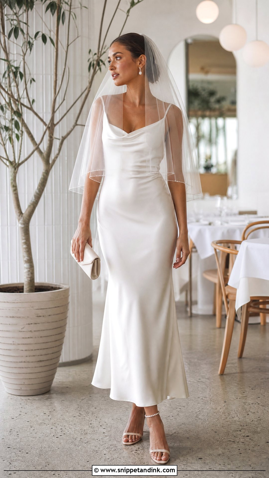 Bias Cut Midi Bridal Gown With Minimal Sandals - Snippet and Ink - 25 Short Bridal Gown Ideas