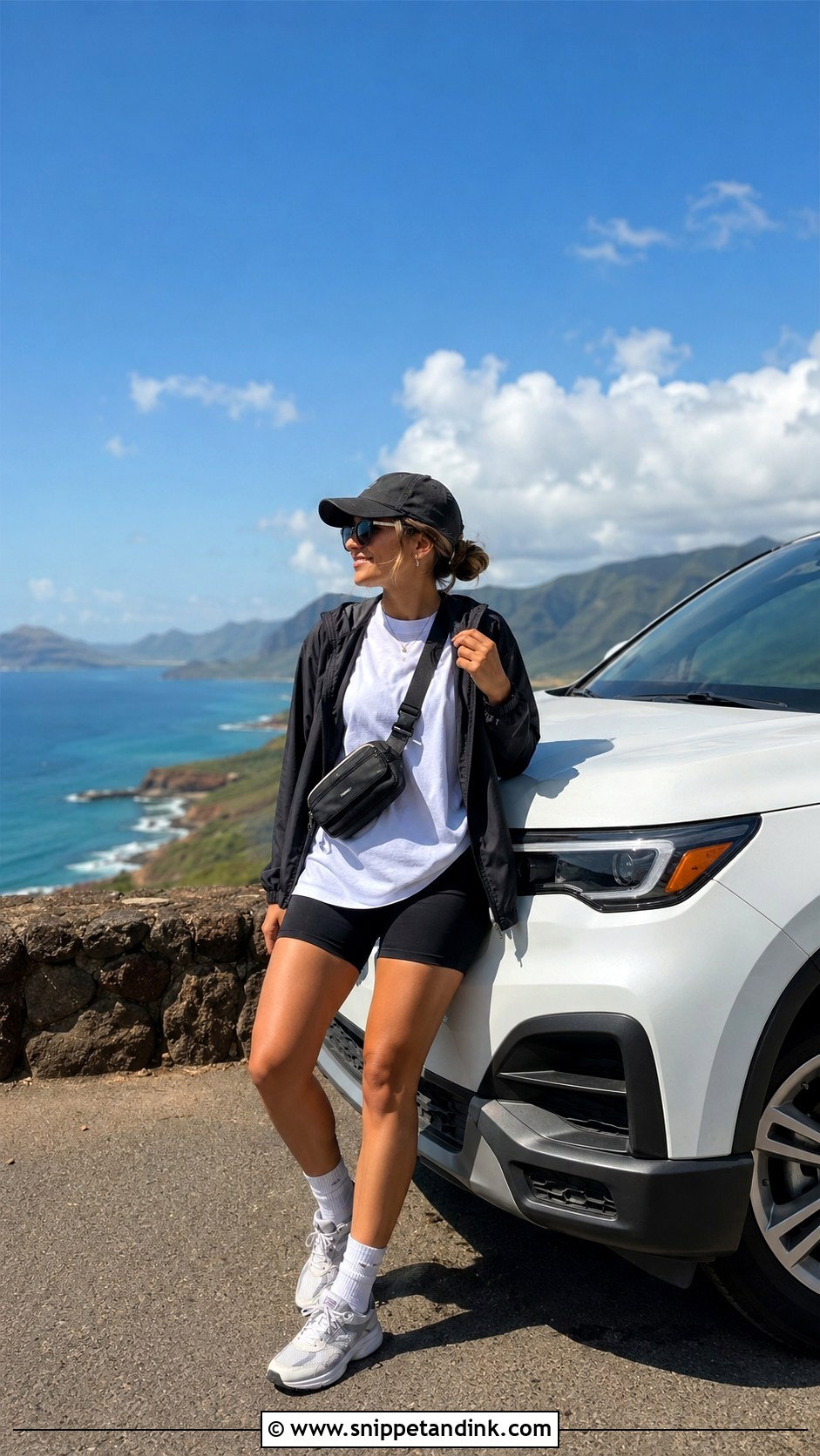 Bike Shorts And Oversized Tee Road Trip Outfit - Snippet and Ink - 20 Hawaii Honeymoon Outfits