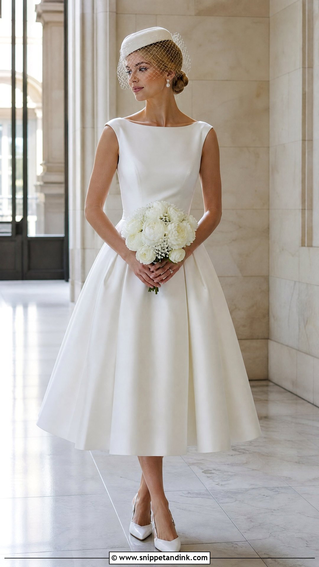 Birdcage Cap With Tea Length Wedding Dress - Snippet and Ink - 20 Wedding Cap Ideas