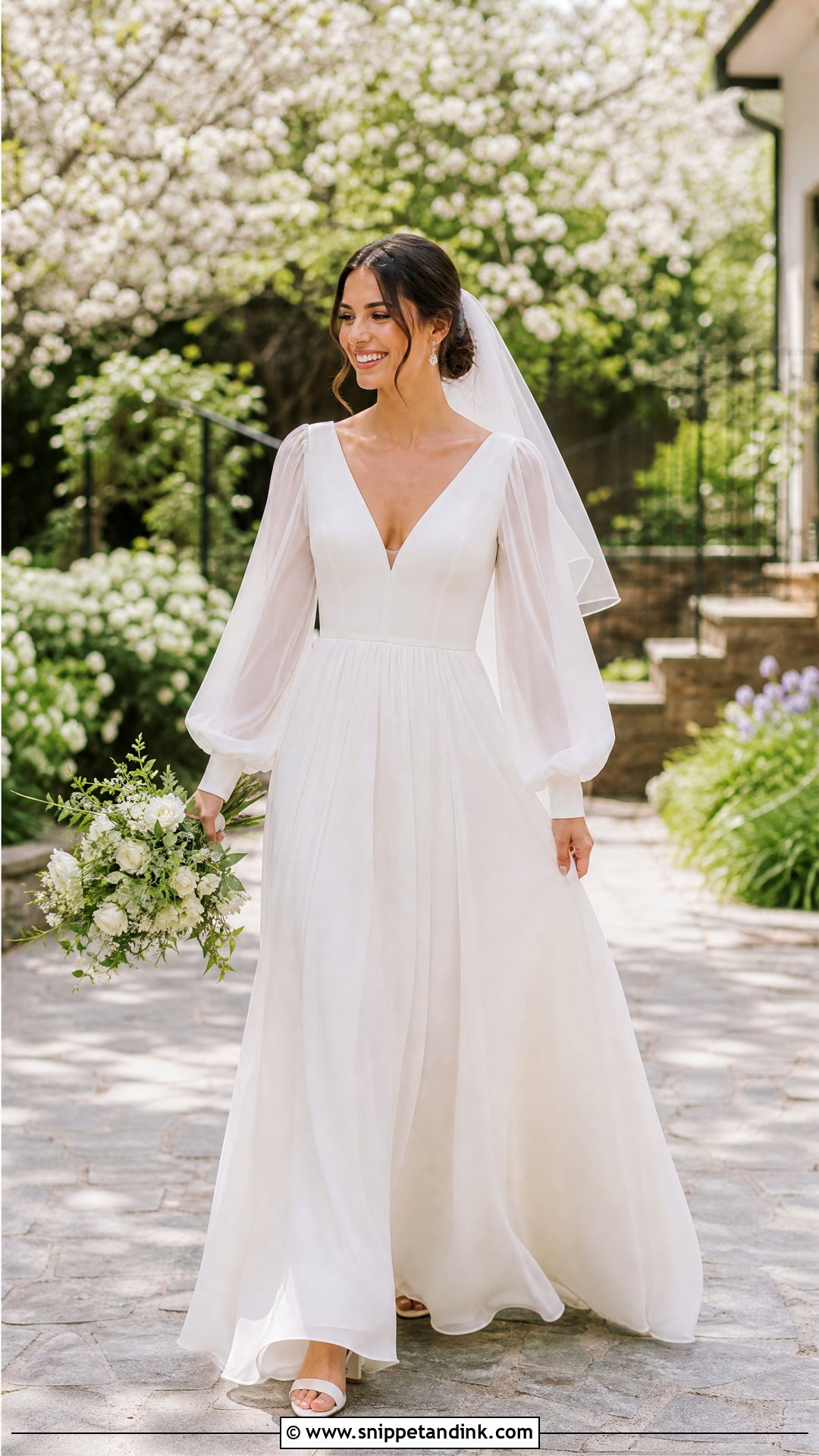 Bishop Sleeve Chiffon A Line Wedding Dress - Snippet and Ink - 20 Bride Dress Long Sleeve Ideas