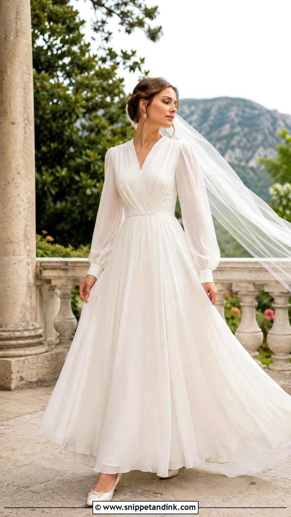 Bishop Sleeve Chiffon A Line Wedding Dress - Snippet and Ink - 20 Modest Long Sleeve Wedding Dresses