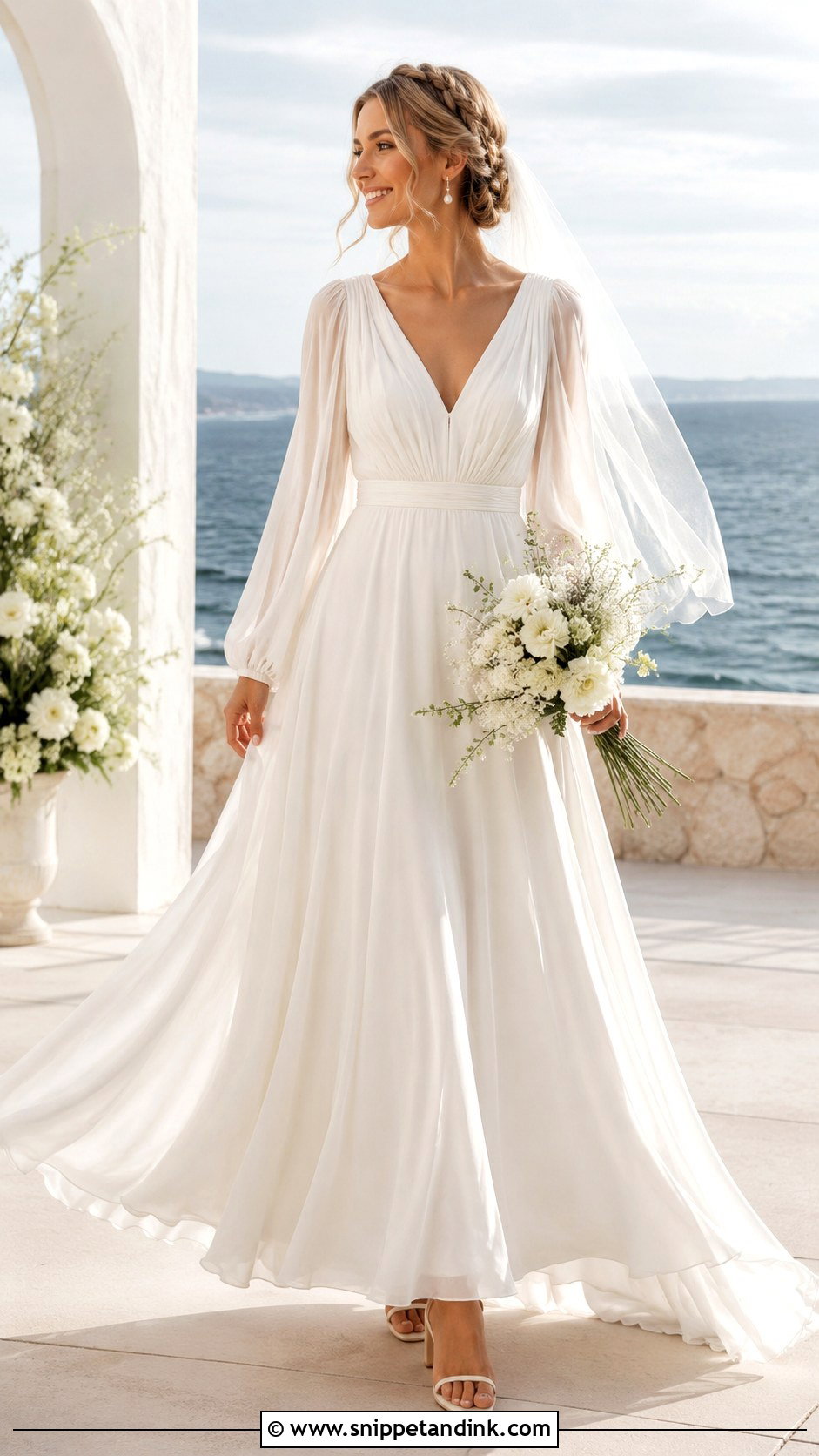Bishop Sleeve Chiffon A Line Wedding Dress - Snippet and Ink - 20 Bride Dress with Sleeves
