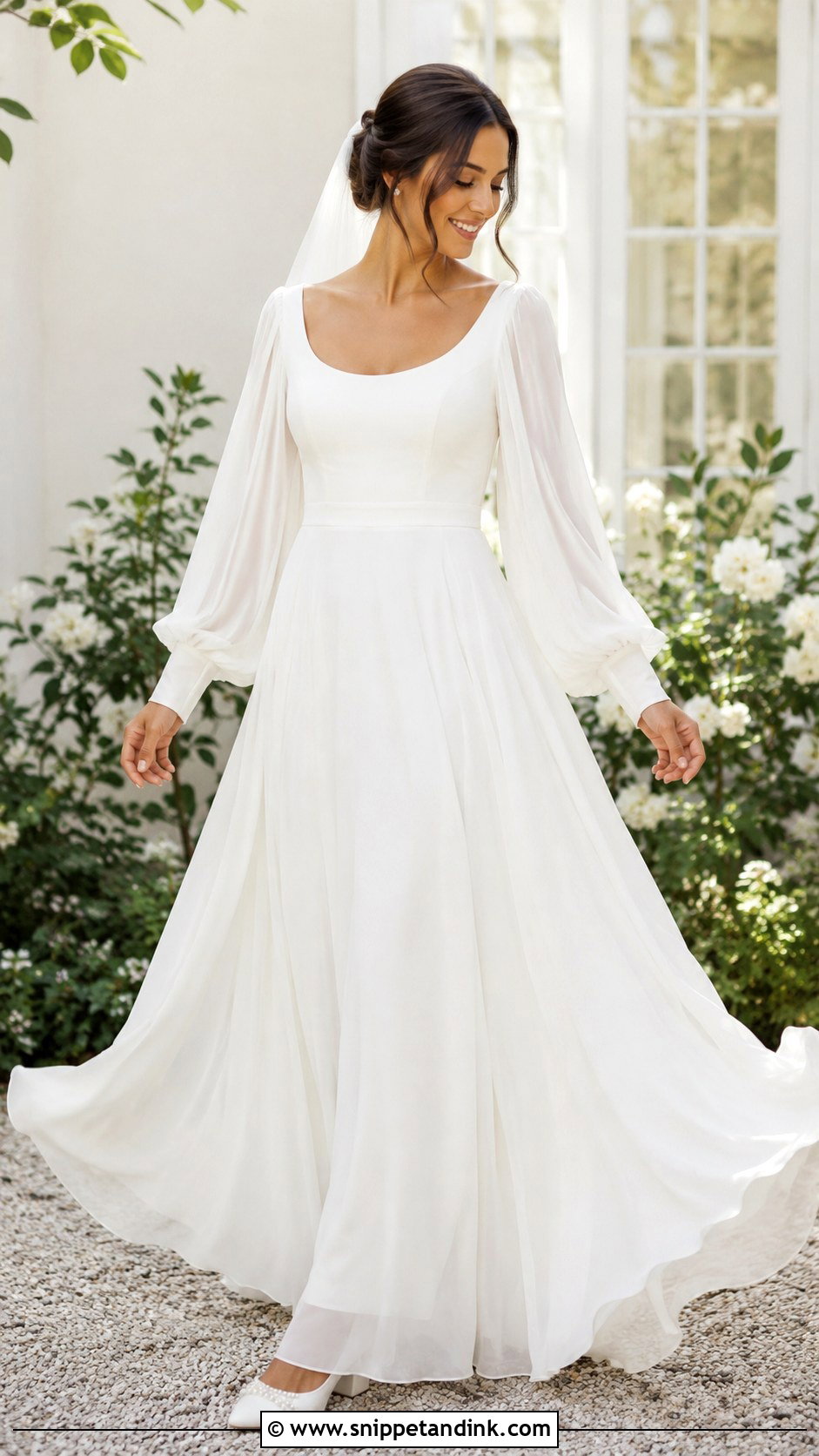 Bishop Sleeve Chiffon A Line Wedding Gown - Snippet and Ink - 20 Modest Wedding Gowns with Sleeves