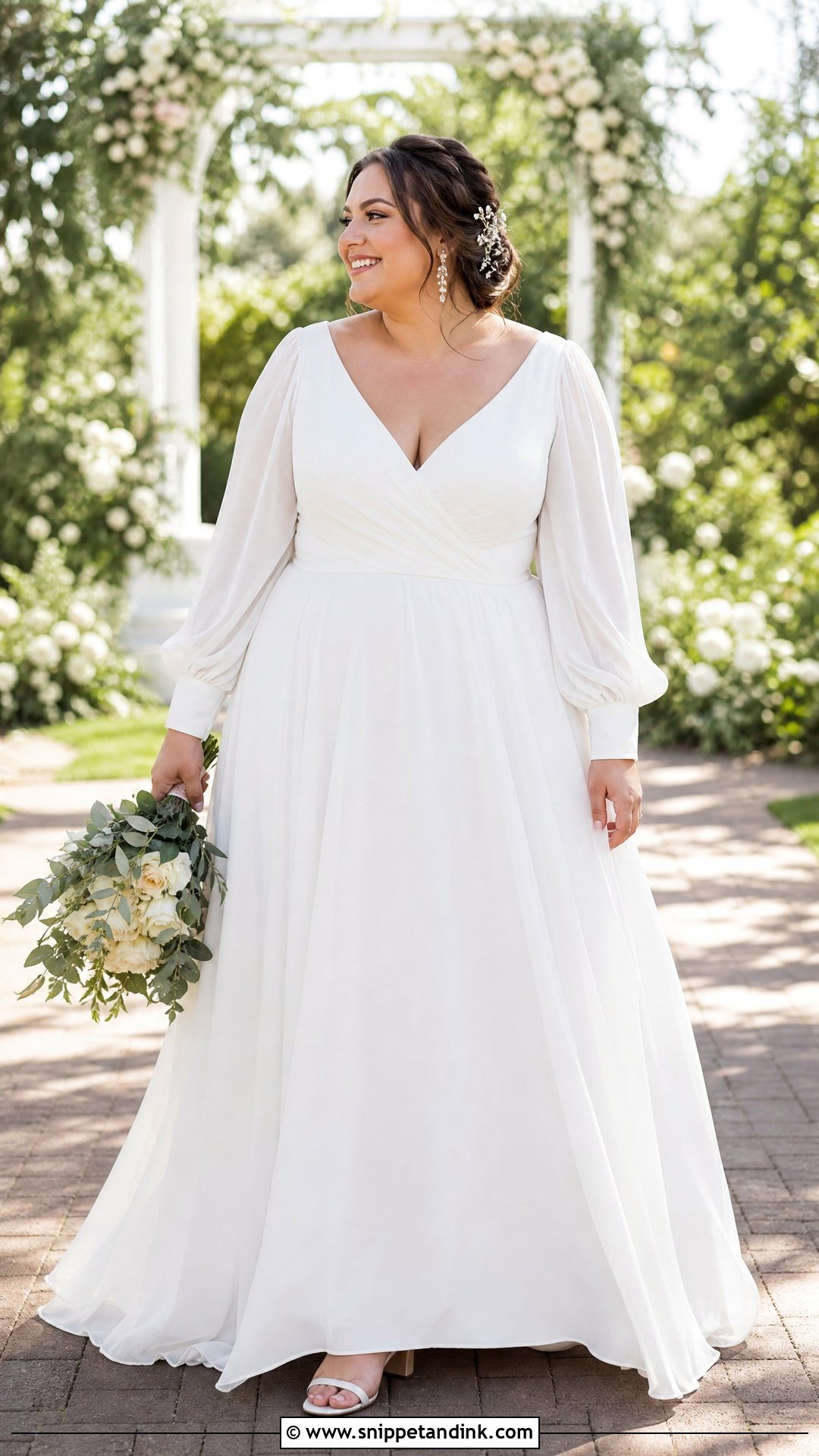 Bishop Sleeve Chiffon Plus Size Wedding Gown - Snippet and Ink - 20 Plus Size Wedding Gowns with Sleeves