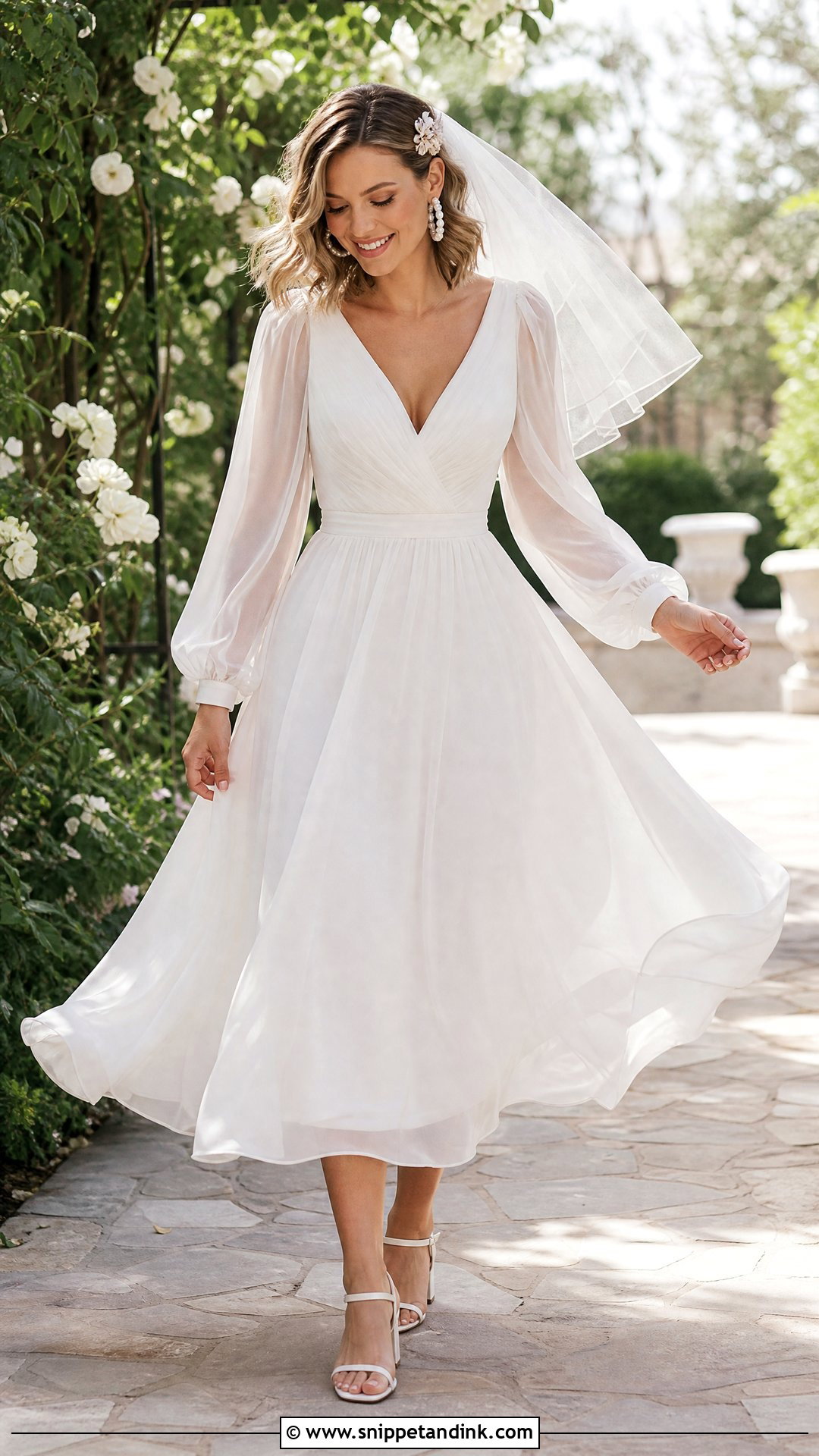 Bishop Sleeve Chiffon Tea Length Wedding Dress - Snippet and Ink - 20 Tea Length Wedding Dress with Sleeves