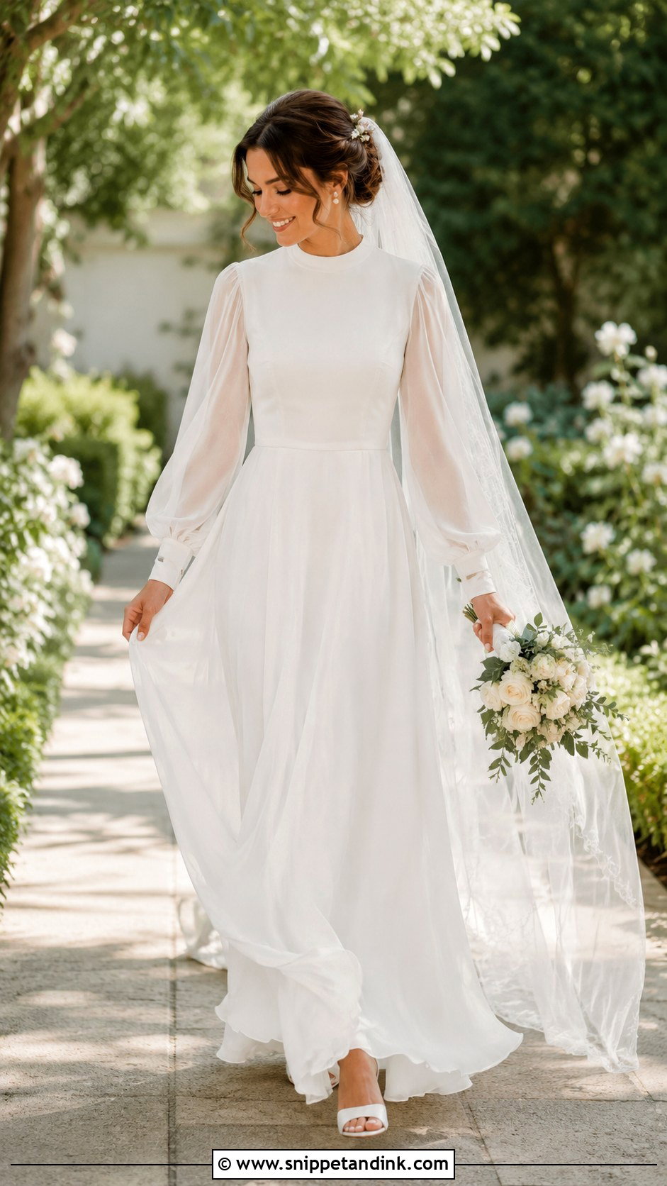 Bishop Sleeve Chiffon Wedding Dress - Snippet and Ink - 20 Full Coverage Wedding Dress Ideas