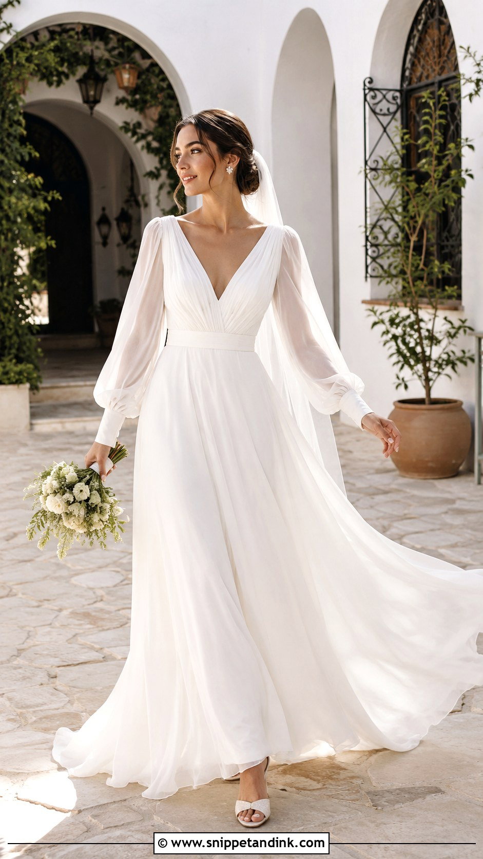 Bishop Sleeve Chiffon Wedding Dress - Snippet and Ink - 20 Long Sleeve Flowy Wedding Dress Ideas