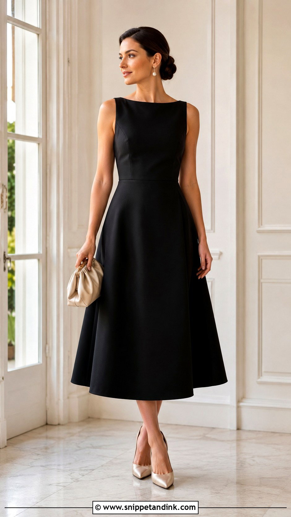 Black A Line Dress With Pearl Jewelry - Snippet and Ink - 20 Dressing Up a Black Dress for a Wedding Ideas