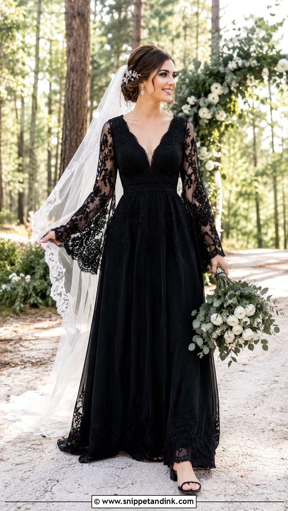 Black A Line Wedding Dress With Bell Sleeves - Snippet and Ink - 20 Black Wedding Dress with Sleeves
