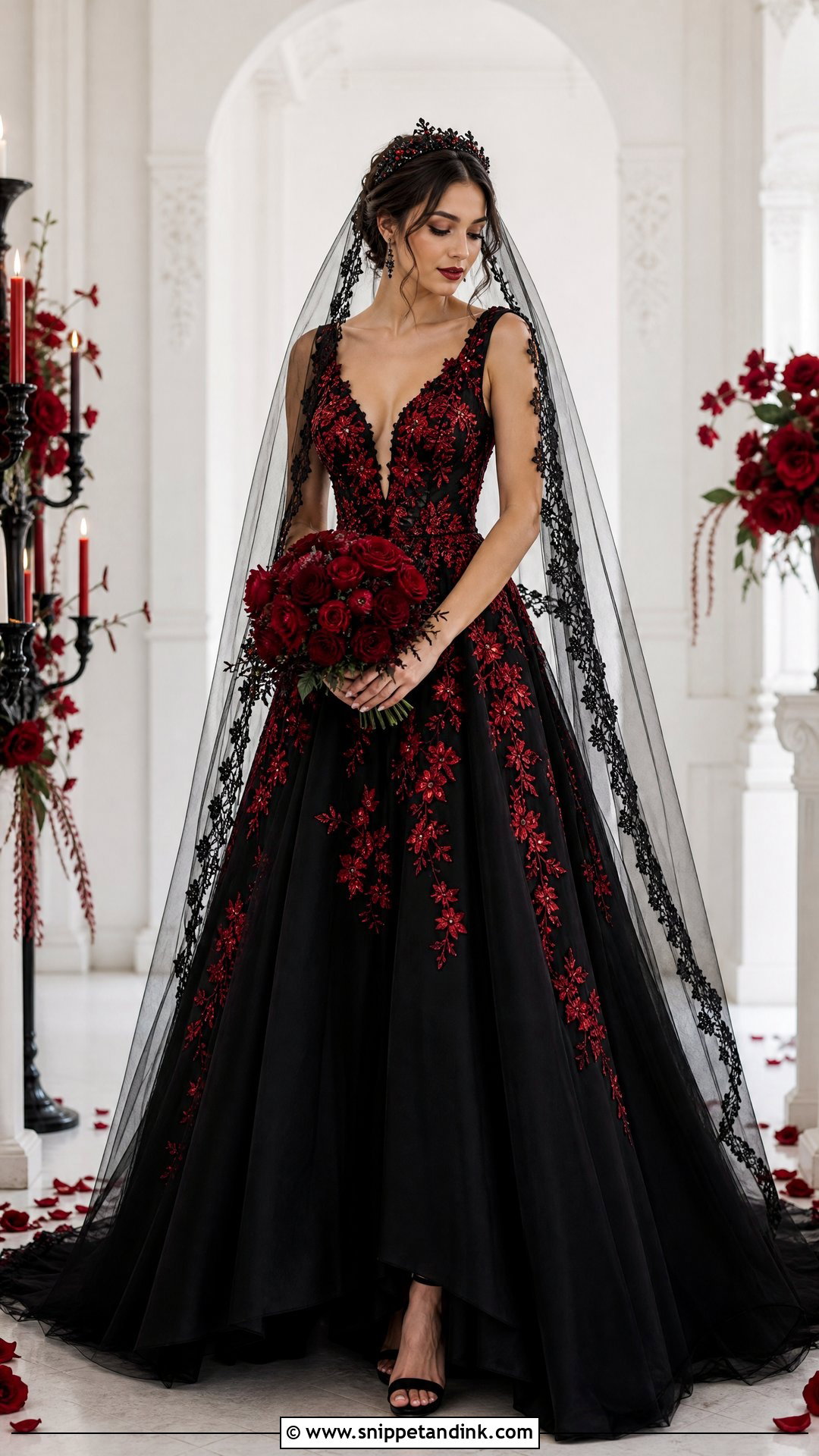 Black A Line Wedding Dress With Red Applique - Snippet and Ink - 25 Red and Black Wedding Dress Ideas