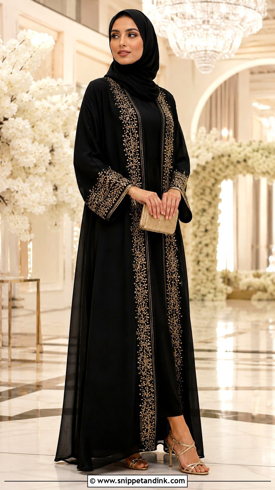 Black Abaya With Gold Wedding Details - Snippet and Ink - 25 Abaya Wedding Dress Ideas