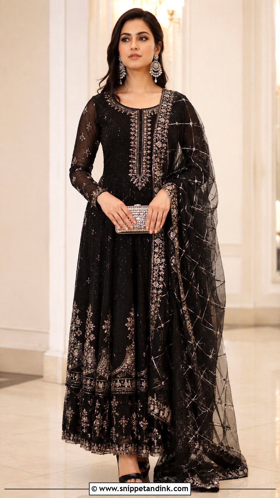 Black Anarkali With Silver Kiran Dupatta - Snippet and Ink - 20 Kiran Dupatta Ideas