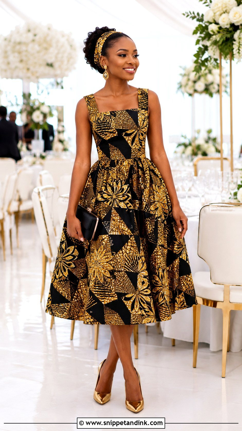 Black And Gold Ankara Tea Length Bridesmaid Dress - Snippet and Ink - 20 African Bridal Maids Dresses Style