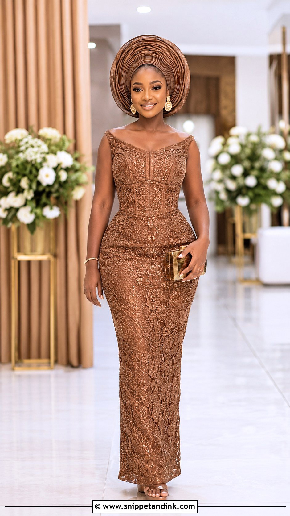 Black And Gold Bridal Gele With Embellished Dress - Snippet and Ink - 20 Bridal Gele Styles