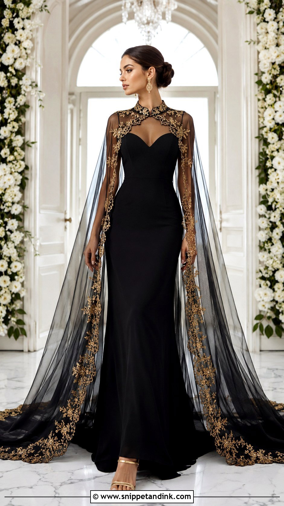 Black And Gold Cape Wedding Dress - Snippet and Ink - 25 Black and Gold Wedding Dress Ideas