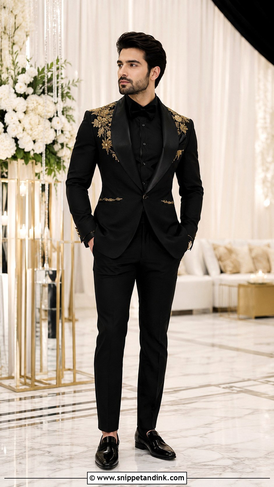 Black And Gold Embroidered Tuxedo - Snippet and Ink - 20 Gold Tuxedo Wedding Ideas