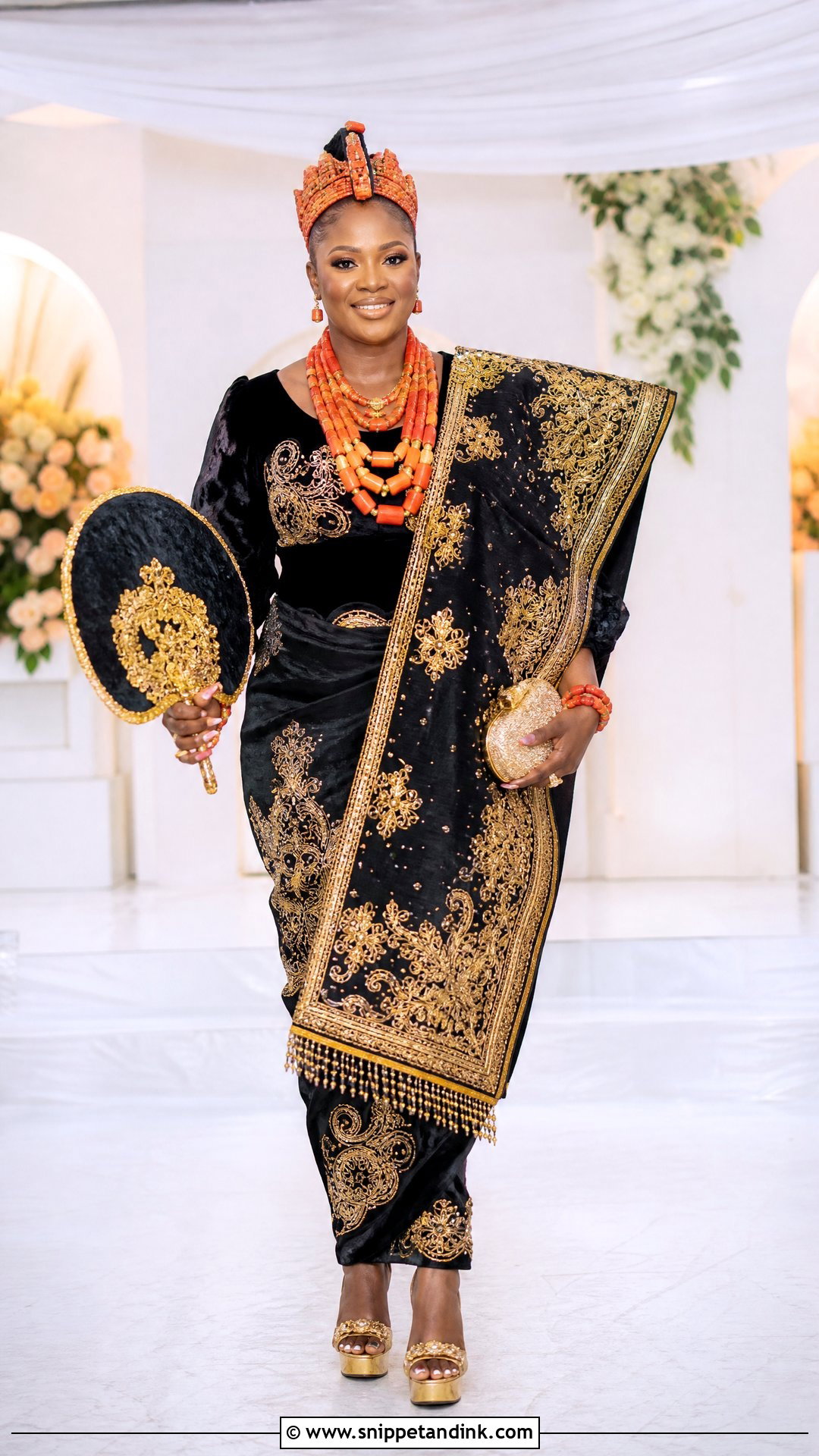 Black And Gold George Igbo Bride Outfit - Snippet and Ink - 20 Igbo Bride Traditional Wedding Outfit Ideas