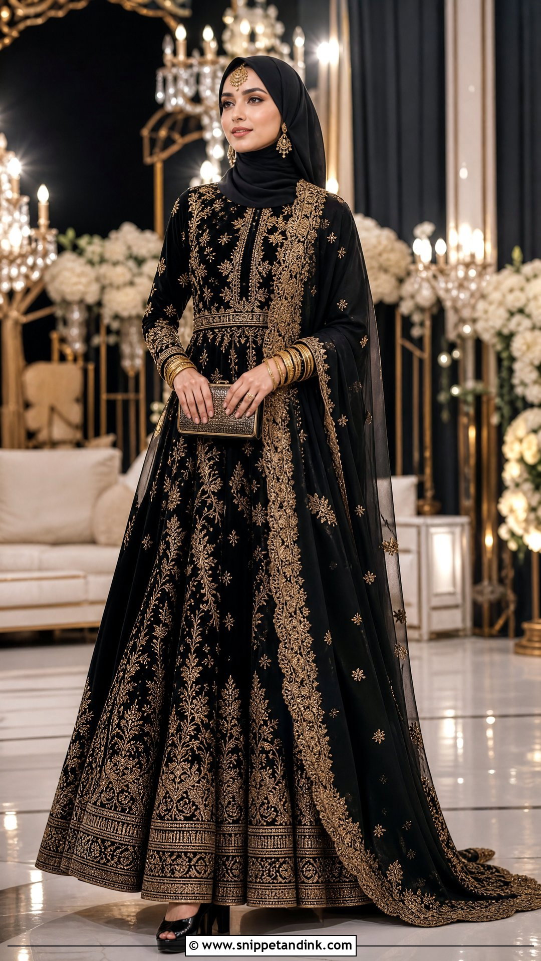 Black And Gold Hijab Dulhan Look - Snippet and Ink - 20 Hijab Dulhan Ideas