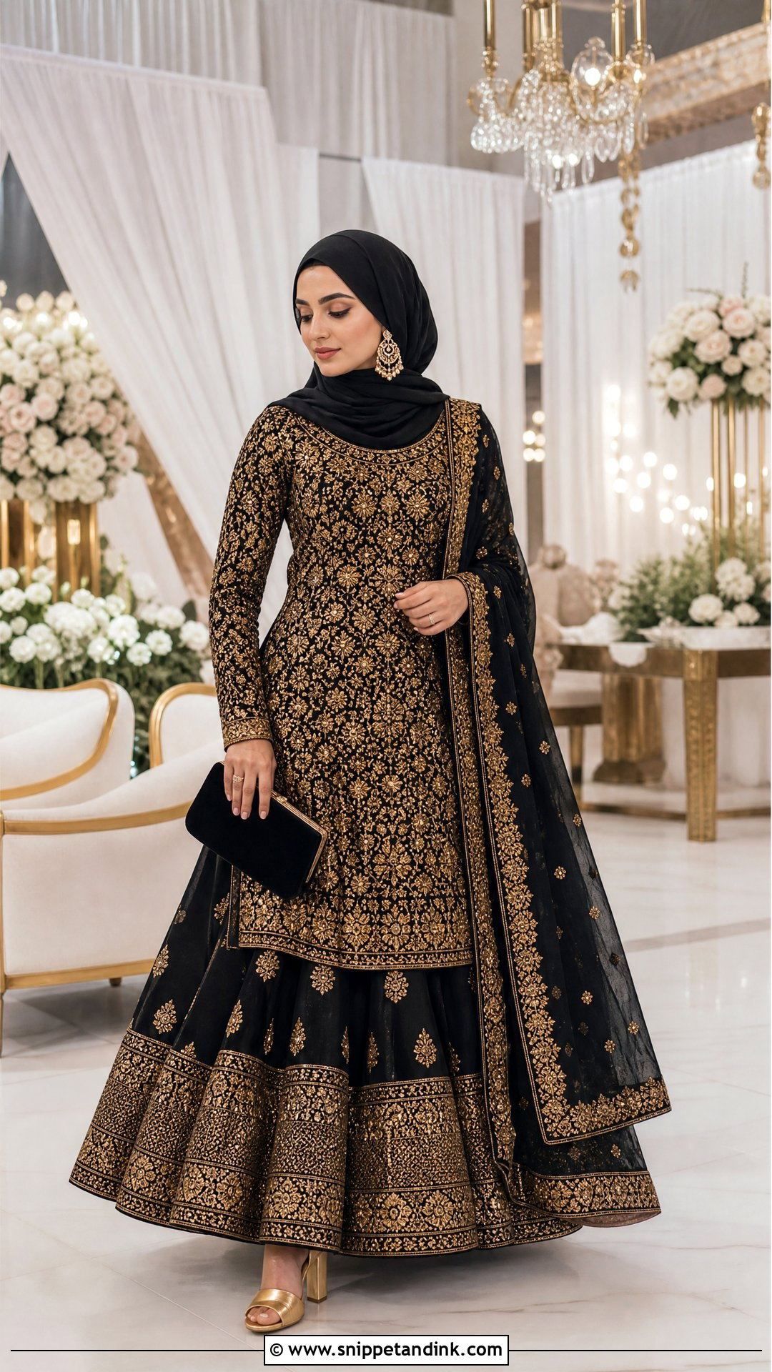 Black And Gold Lehenga Hijabi Pakistani Bride - Snippet and Ink - 20 Hijabi Pakistani Bride Ideas