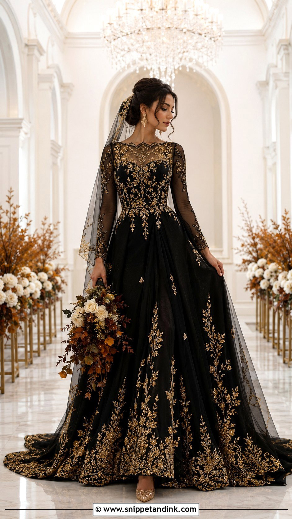 Black And Gold Long Sleeve Wedding Dress - Snippet and Ink - 25 Black and Gold Wedding Dress Ideas