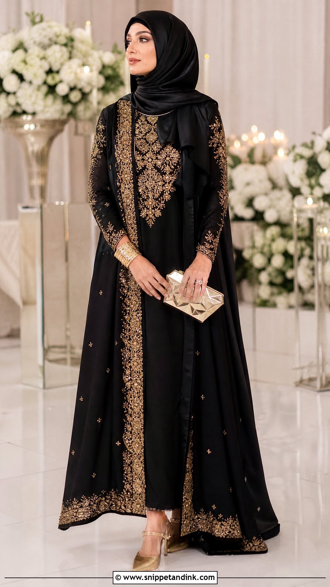 Black And Gold Maxi With Satin Hijab - Snippet and Ink - 20 Pakistani Hijab for Wedding Party Ideas