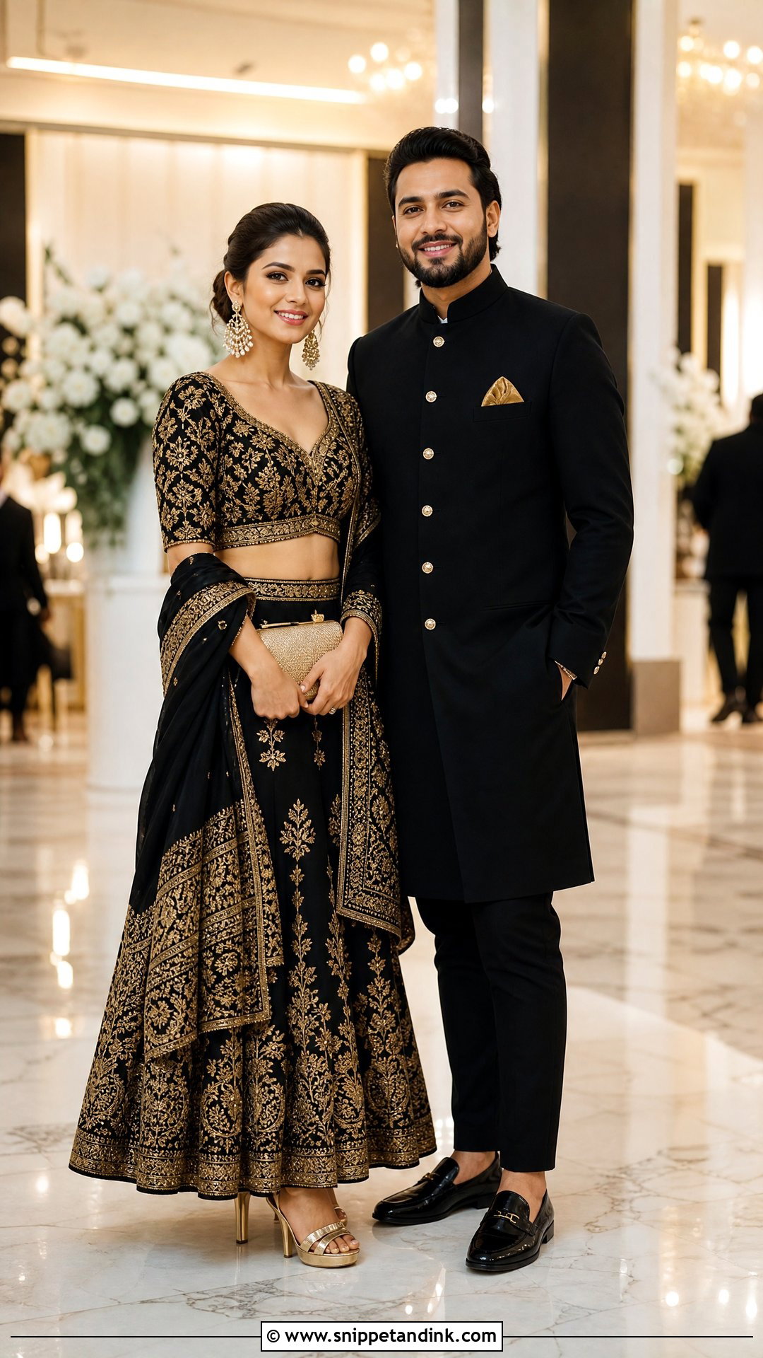 Black And Gold Reception Couple Outfit - Snippet and Ink - 25 Indian Wedding Couple Dress Ideas