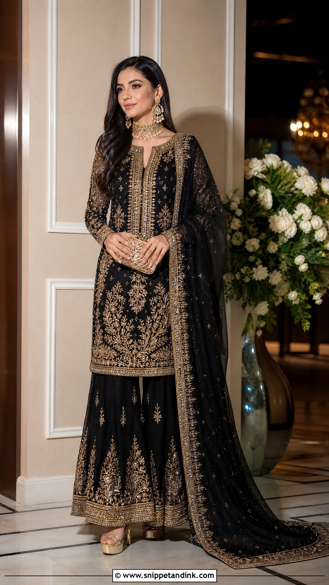 Black And Gold Reception Sharara - Snippet and Ink - 20 Sharara for Bride Ideas