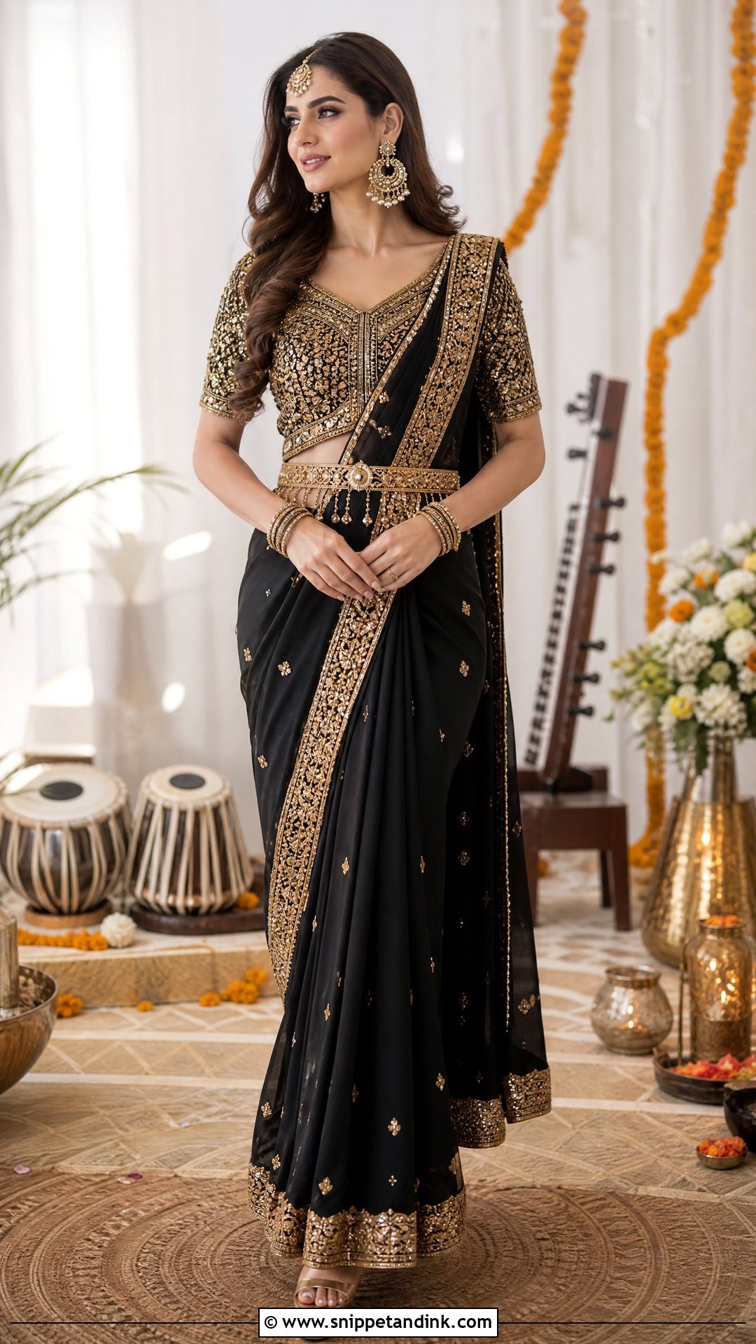 Black And Gold Sangeet Saree Outfit - Snippet and Ink - 20 Pakistani Bridal Sangeet Outfit Ideas