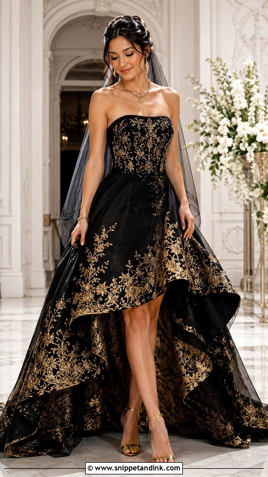 Black And Gold Strapless Wedding Dress - Snippet and Ink - 25 Black and Gold Wedding Dress Ideas