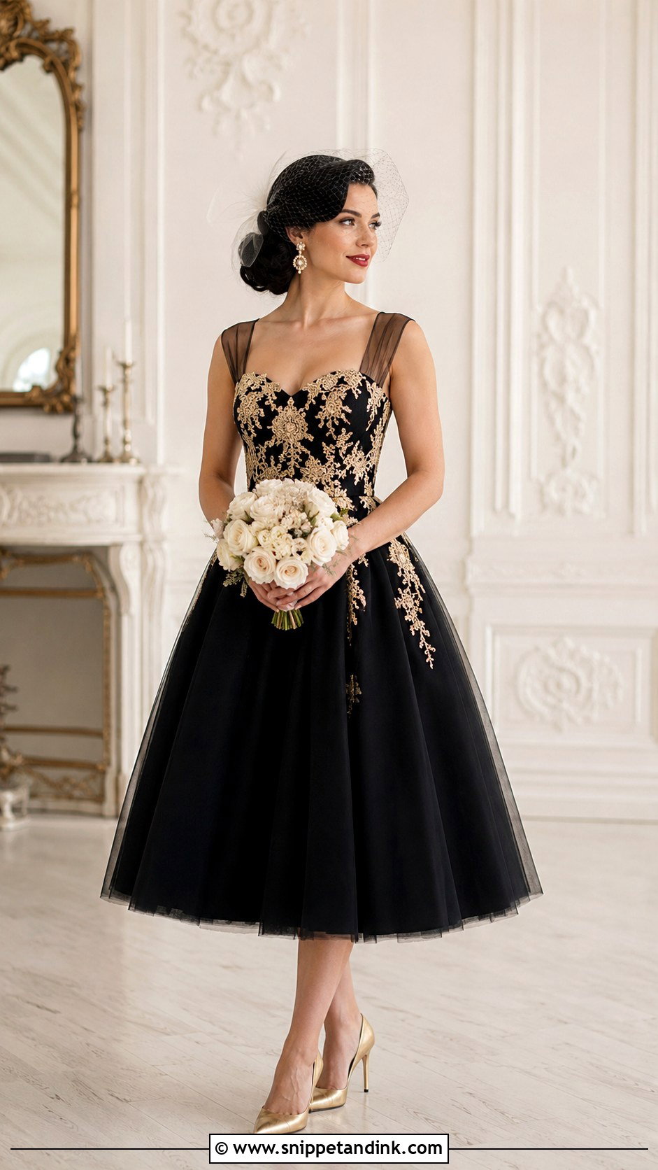 Black And Gold Tea Length Wedding Dress - Snippet and Ink - 25 Black and Gold Wedding Dress Ideas