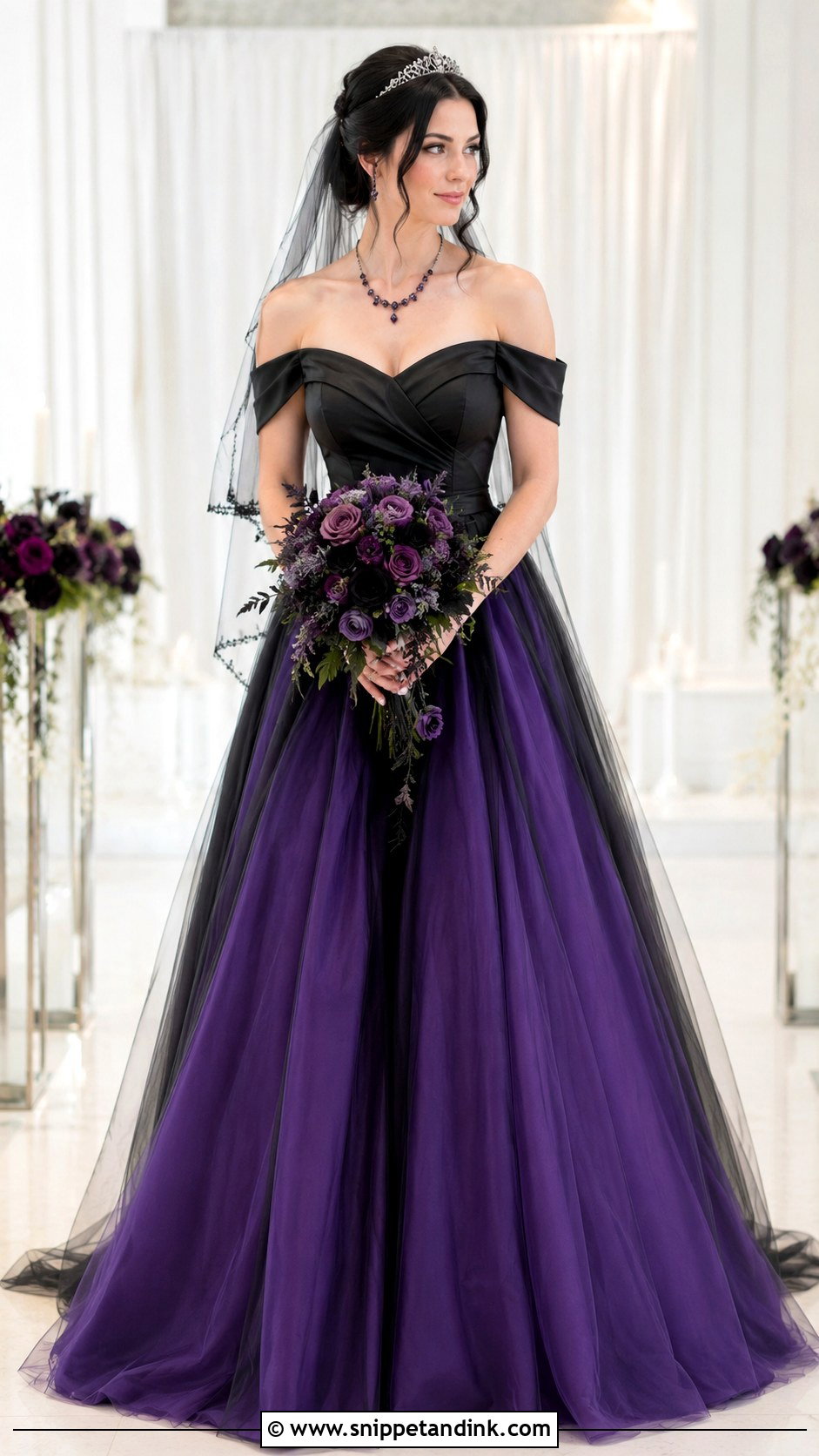 Black And Purple Off Shoulder Wedding Dress - Snippet and Ink - 25 Black and Purple Wedding Dress Ideas