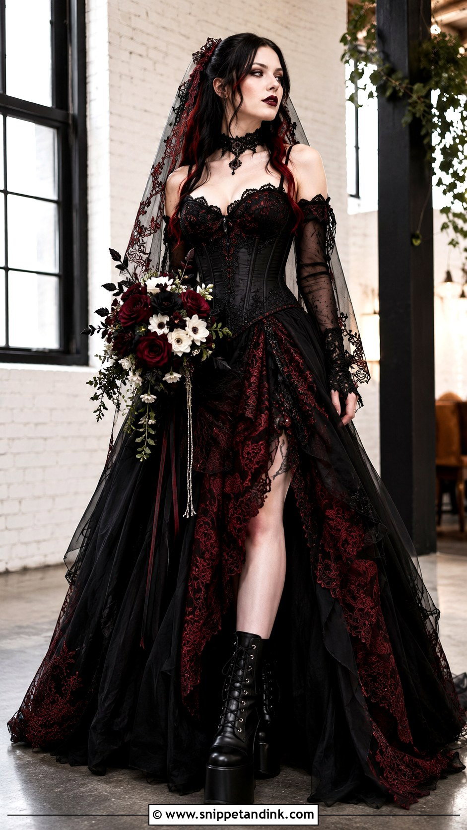 Black And Red Emo Bride Outfit - Snippet and Ink - 20 Emo Bride Ideas