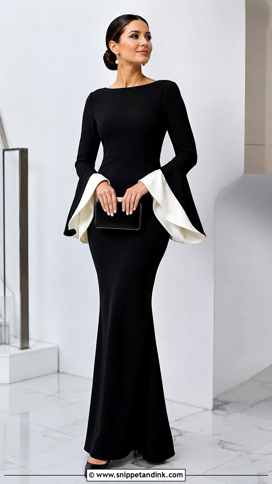 Black And White Bell Sleeve Gown - Snippet and Ink - 20 Bell Sleeve Gown Ideas