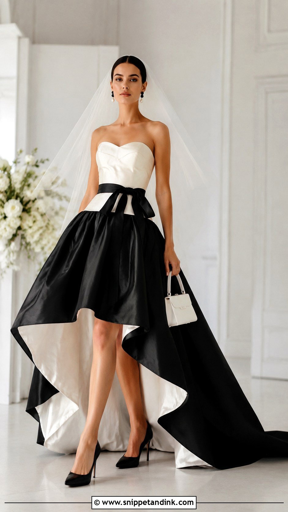 Black And White Hi Low Wedding Dress With Black Pumps - Snippet and Ink - 20 Hi Low Wedding Dress Ideas