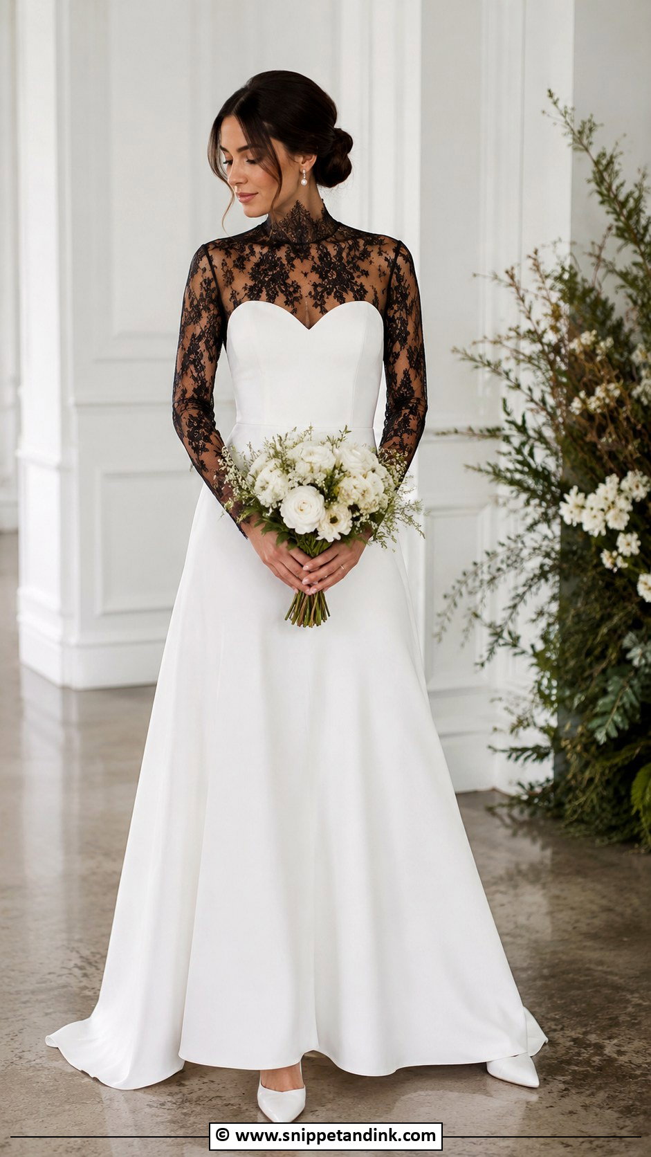 Black And White Long Sleeve Wedding Dress - Snippet and Ink - 30 Black and White Wedding Dress Ideas