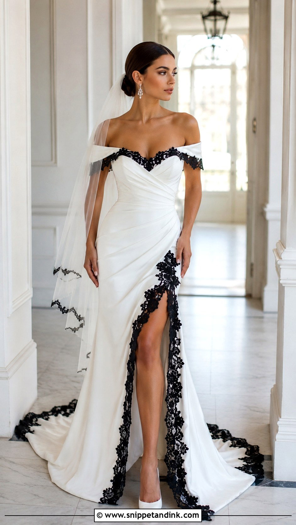 Black And White Off Shoulder Wedding Dress - Snippet and Ink - 25 Black White Wedding Dress Ideas