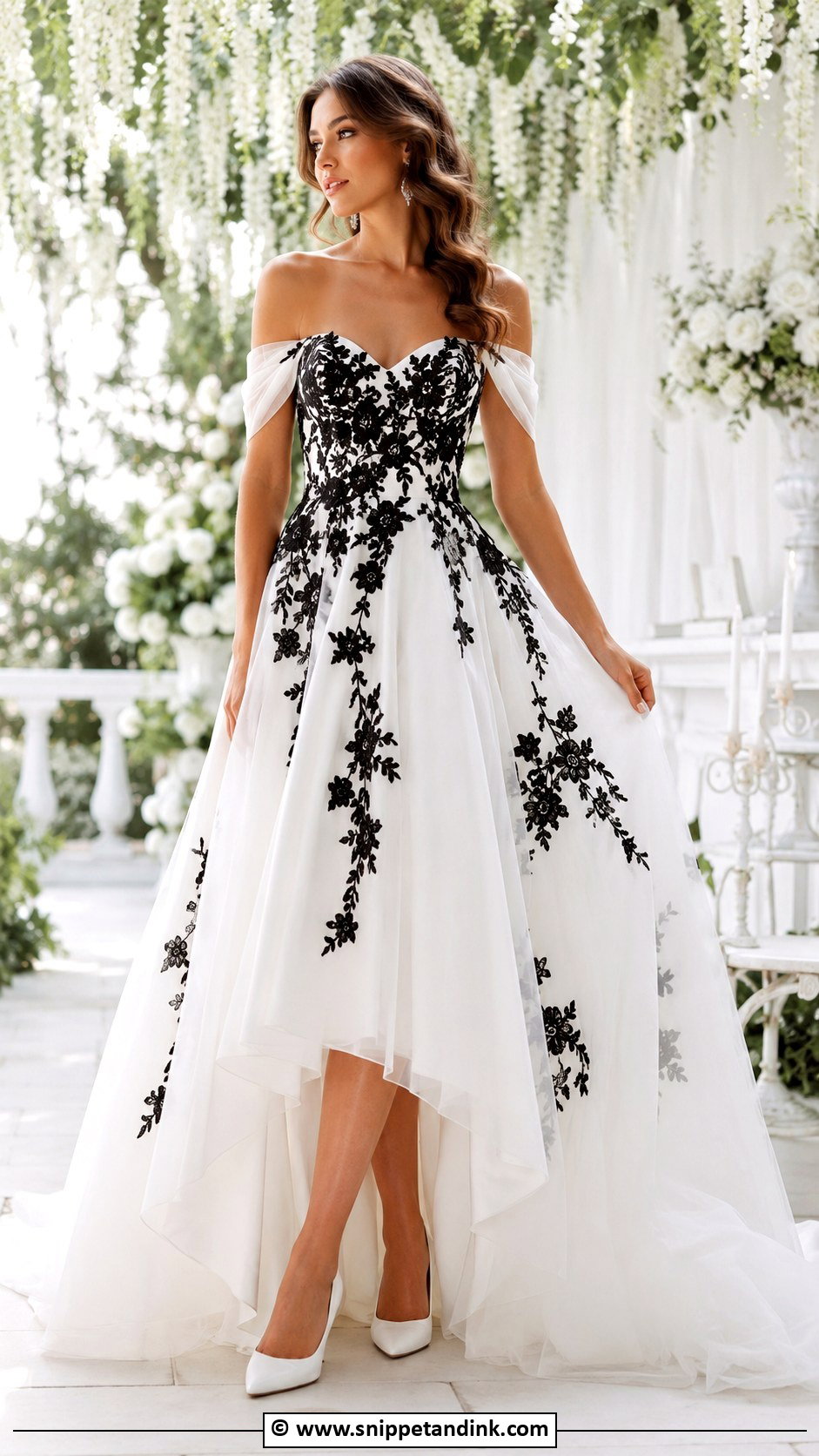 Black And White Off Shoulder Wedding Dress - Snippet and Ink - 30 Black and White Wedding Dress Ideas