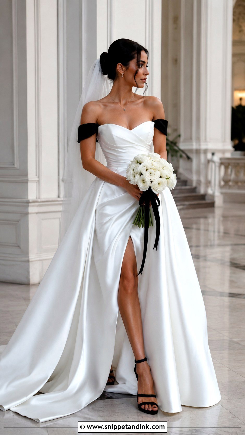 Black And White Off The Shoulder Wedding Dress - Snippet and Ink - 20 Black and White Wedding Dresses