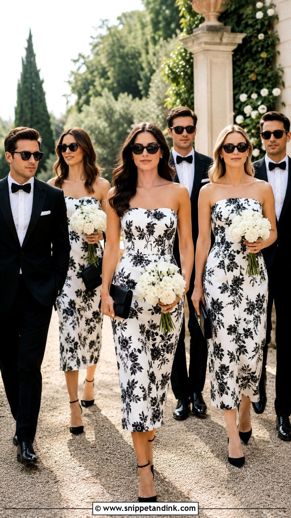Black And White Print Dresses With Black Tuxedos - Snippet and Ink - 20 Black and White Wedding Party Attire Ideas